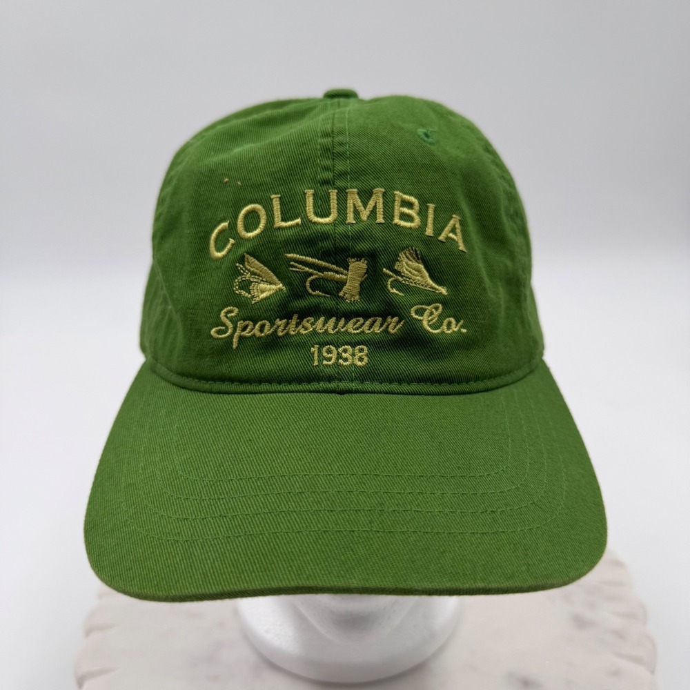 Columbia Sportswear Co 1938 Fly Fishing Lure Hat Green Cotton Adjustable Cap O/S